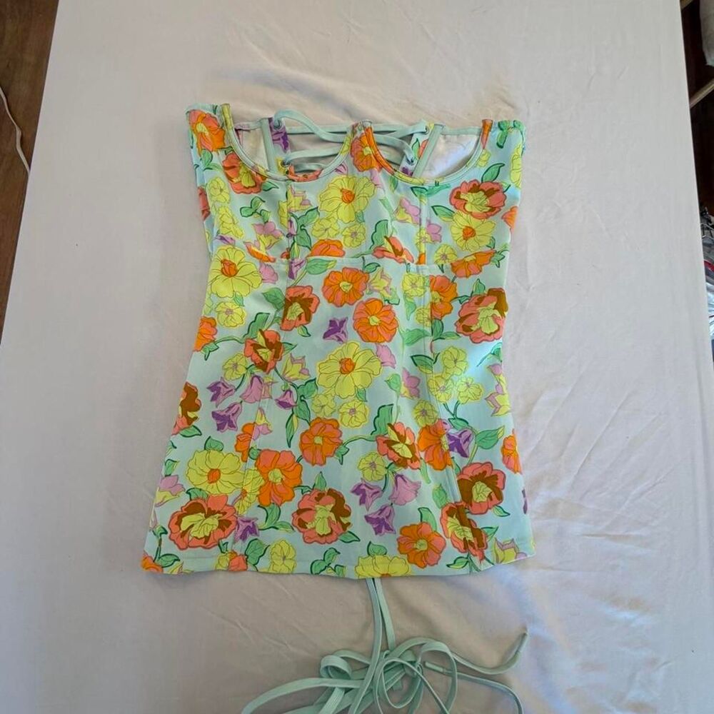 Savage X Fenty Mint Green Floral Lace Up Back Corset Bustier Top – Size Large